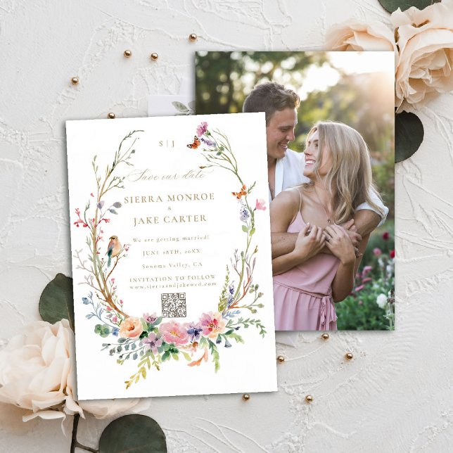 Wildflowers Garden QR Code Photo Wedding Save Date Invitation (garden wedding save the date photo QR code wildflowers enchanted woodland forest butterflies bird)