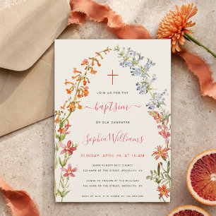 Wildflowers Girl Baptism Floral Watercolor Invitation