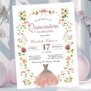 Wildflowers Glitter Dress Bow Quinceanera Invitation