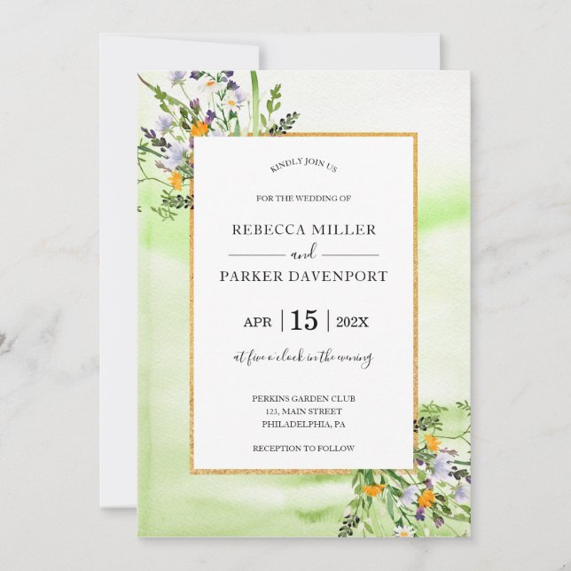 Wildflowers gold and green Wedding invitation (Front)