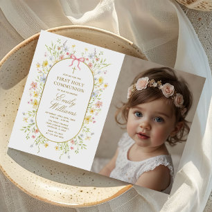 Wildflowers Gold Cross First Communion Photo Invitation