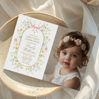 Wildflowers Gold Cross First Communion Photo Invitation