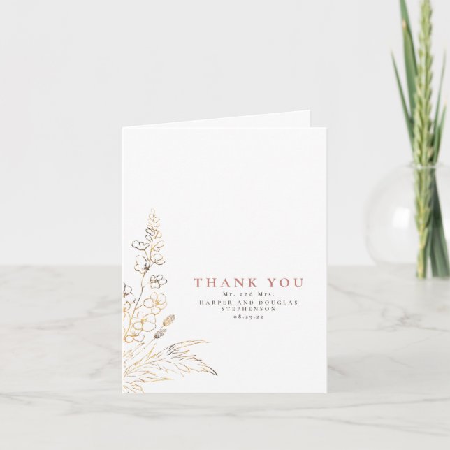 Wildflowers Gold Elegant Wedding Thank You Photo Card (Front)