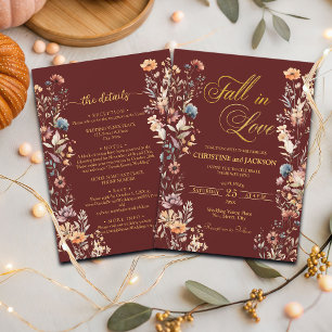 Wildflowers Gold Fall in Love and Details Wedding Invitation
