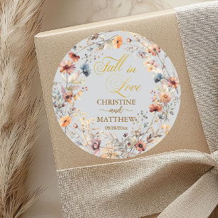 Wildflowers Gold 'Fall in Love' Elegant Wedding Classic Round Sticker