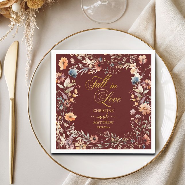Wildflowers Gold 'Fall in Love' Elegant Wedding Napkin (Creator Uploaded)