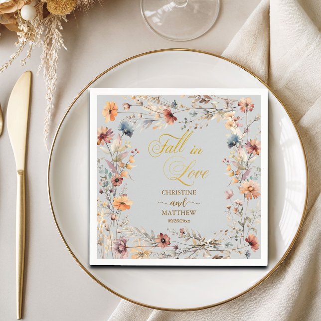Wildflowers Gold 'Fall in Love' Elegant Wedding Napkin (Creator Uploaded)