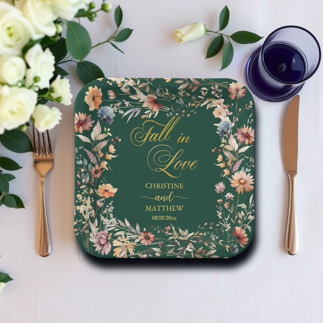 Wildflowers Gold 'Fall in Love' Elegant Wedding Paper Plate (Creator Uploaded)