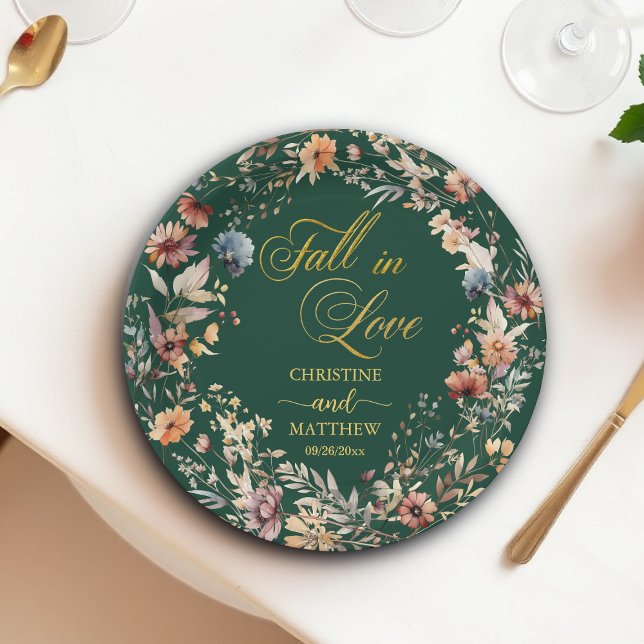 Wildflowers Gold 'Fall in Love' Elegant Wedding Paper Plate (Creator Uploaded)