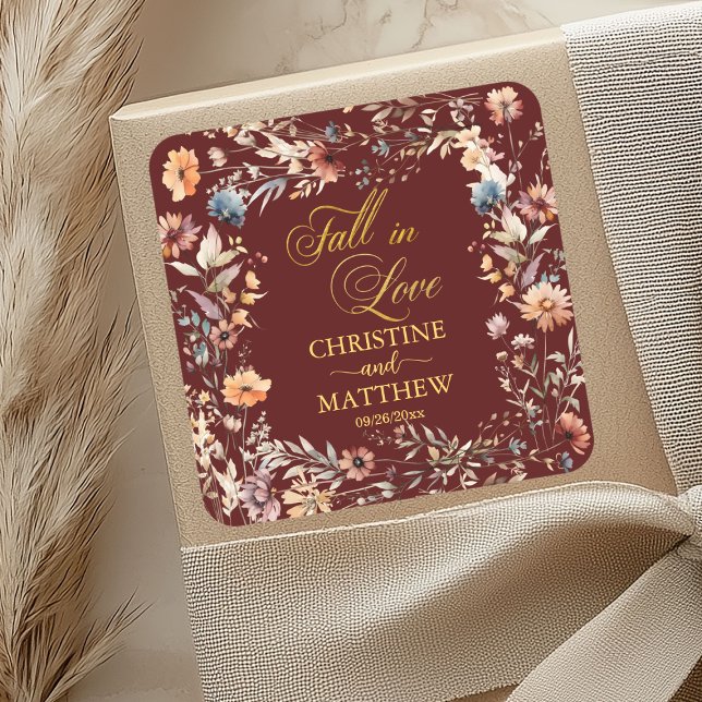 Wildflowers Gold 'Fall in Love' Elegant Wedding Square Sticker (Creator Uploaded)