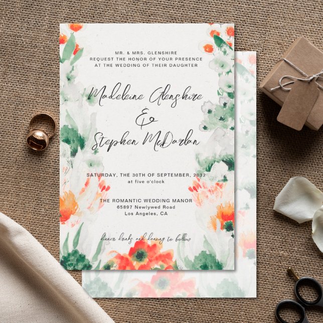 Wildflowers green & orange floral romantic wedding invitation (Creator Uploaded)