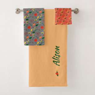 Wildflowers green white red bath towel set