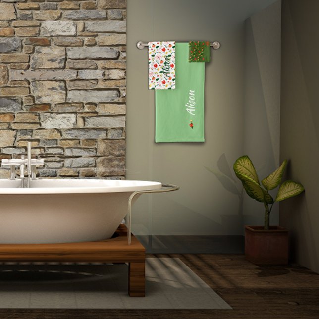 Wildflowers green white red name bath towel set (Creator Uploaded)