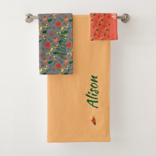 Wildflowers green white red name bath towel set