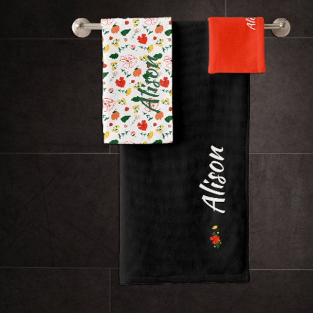 Wildflowers green white red name black bath towel set (Creator Uploaded)