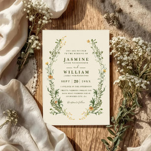 Wildflowers Green Wreath Rustic QR Code Wedding Invitation