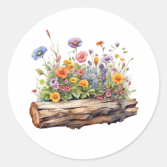 Wildflowers Growing on the Wooden Log Nature  Classic Round Sticker (Front)