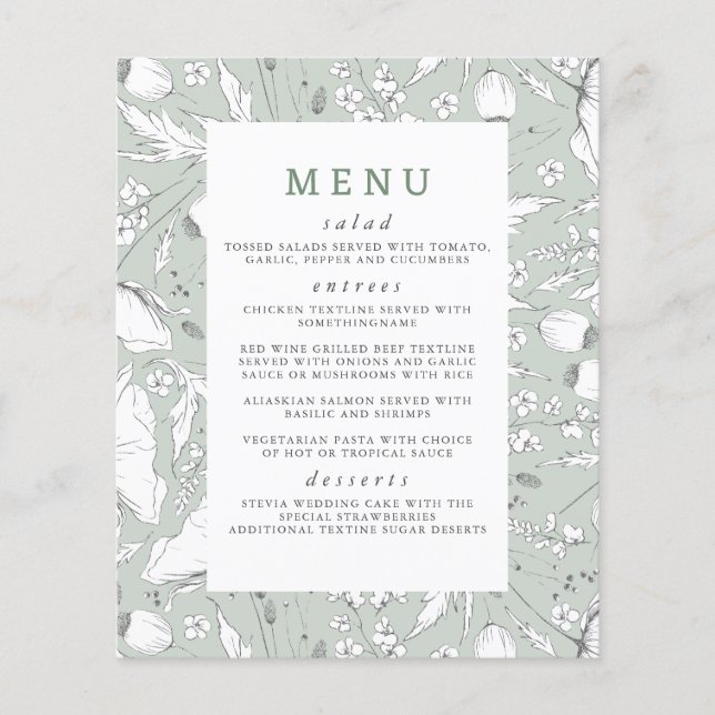Wildflowers Hand-drawn Elegant Sage Wedding Menu (Front)