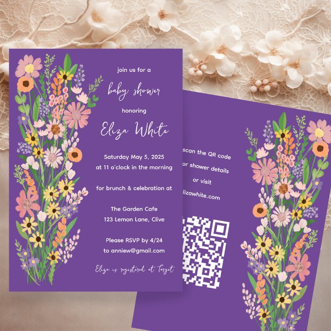 Wildflowers Handpainted Custom QR code Baby Shower Invitation (Wildflowers Handpainted Custom QR code Baby Shower Invitation Purple
)