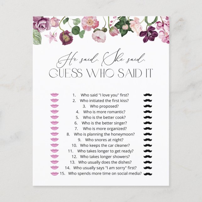 Wildflowers He Said She Said Bridal Shower Game (Front)