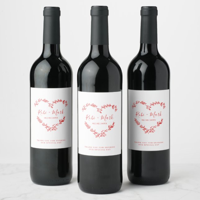 Wildflowers Heart in Red for Wedding Wine Label (Bottles)