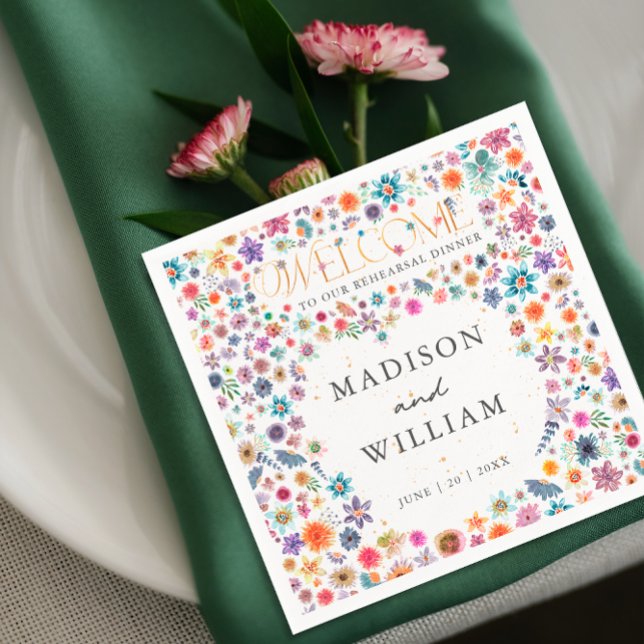 Wildflowers Heart Welcome to Our Rehearsal Dinner Napkin (Creator Uploaded)