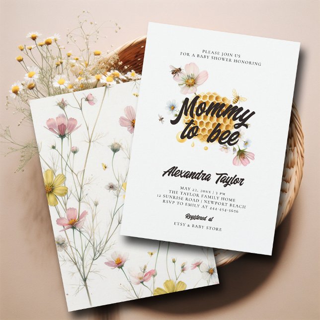Wildflowers Honey Mummy to Bee Baby Girl Shower Invitation (mommy to bee baby girl shower invitation watercolor illustration honey combs whimsical wildflowers)
