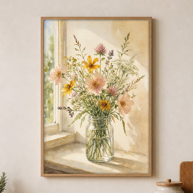Wildflowers in a Jar Watercolour Poster (Shown framed for scale. Poster ships unframed; frames are an optional add-on.)