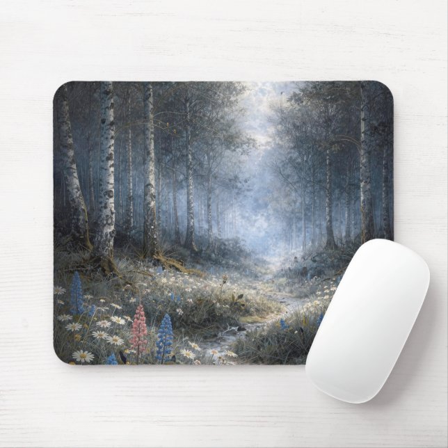 Wildflowers in a Moonlit Birch Forest  Mouse Pad (With Mouse)