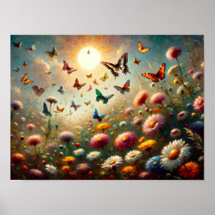 Wildflowers in Bloom Surrounded by Butterflies Poster
