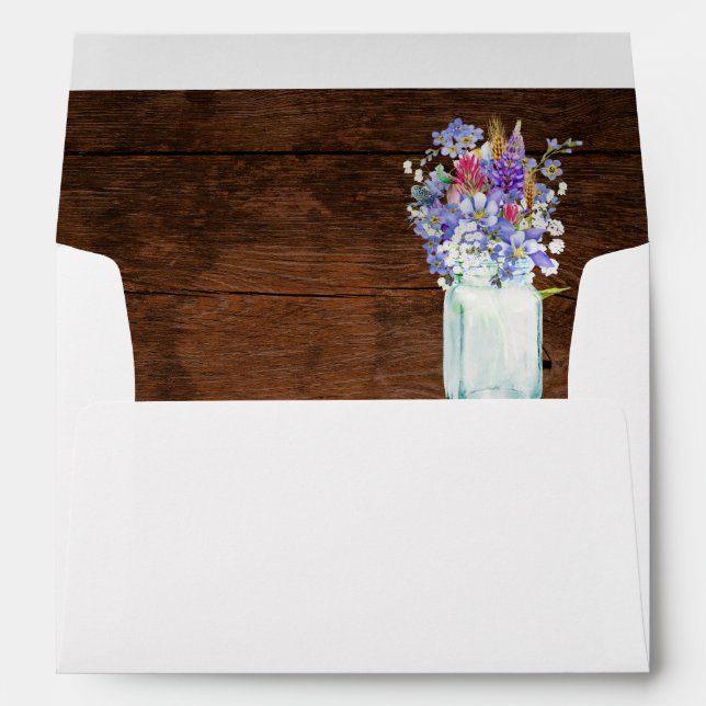 Wildflowers in Mason Jar Over Rustic Brown Wood Envelope (Back (Bottom))