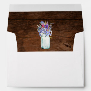 Wildflowers in Mason Jar with Rustic Brown Wood Envelope