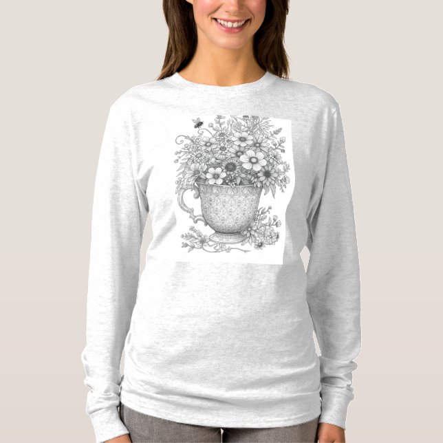 Wildflowers in Patterned Teacup T-Shirt (Front)