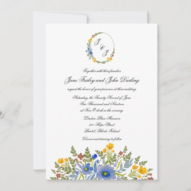 Wildflowers in Primary Colours Wedding Invitation (Front)