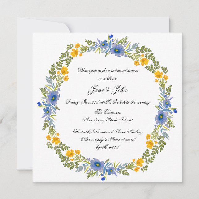 Wildflowers in Primary Colours Wreath Invitation (Front)