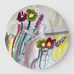 Wildflowers in vase abstract art large clock