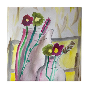 Wildflowers in vase abstract art tile