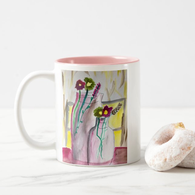 Wildflowers in vase abstract art Two-Tone coffee mug (With Donut)