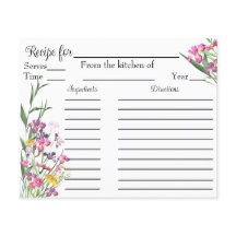 Wildflowers Iris Bridal Shower Recipe Request Card