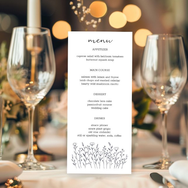 Wildflowers Line Art Elegant Chic Modern CUSTOM Menu (Wildflowers Line Art Elegant Chic Modern CUSTOM Wedding Engagement Bridal Menu
)