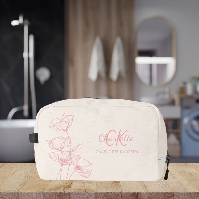 Wildflowers line art pink cream monogram name dopp kit (Creator Uploaded)