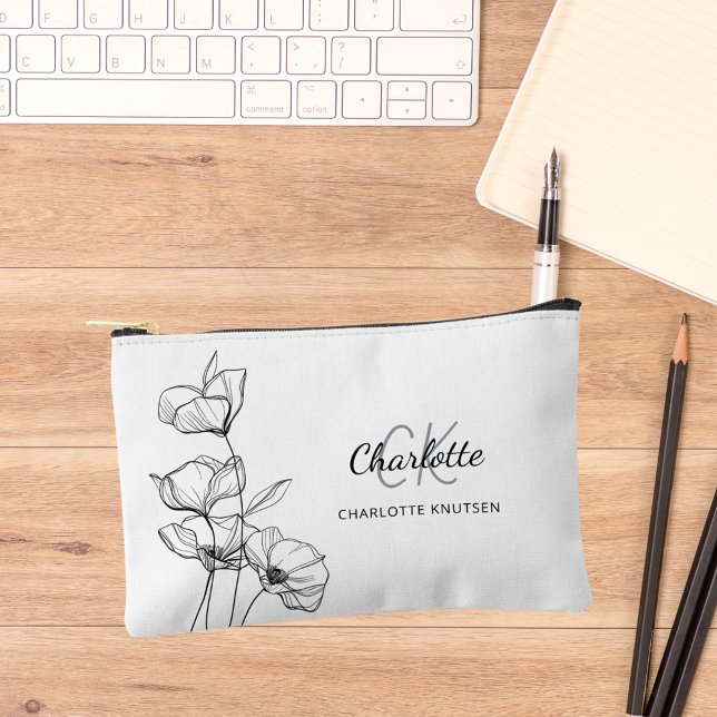 Wildflowers line art simple monogram name accessory pouch (Creator Uploaded)