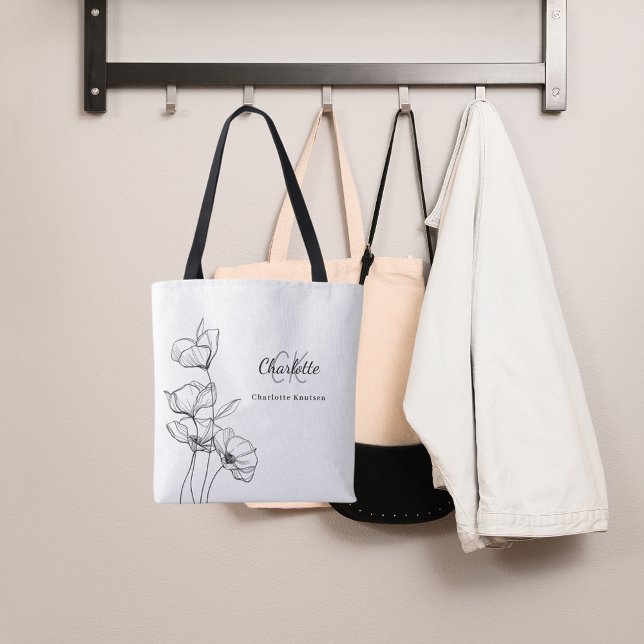 Wildflowers line art simple monogram name tote bag (Creator Uploaded)