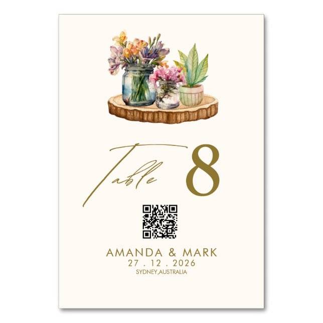 Wildflowers Mason Jar Boho bohemian Wedding Table Number (Front)