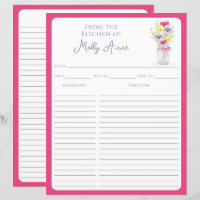 Wildflowers Mason Jar Pink Country Recipe Sheets