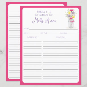 Wildflowers Mason Jar Pink Country Recipe Sheets