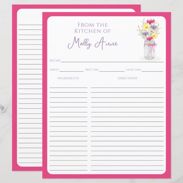 Wildflowers Mason Jar Pink Country Recipe Sheets (Front/Back)