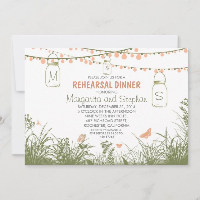 wildflowers, mason jars & lights rehearsal dinner invitation (Front)