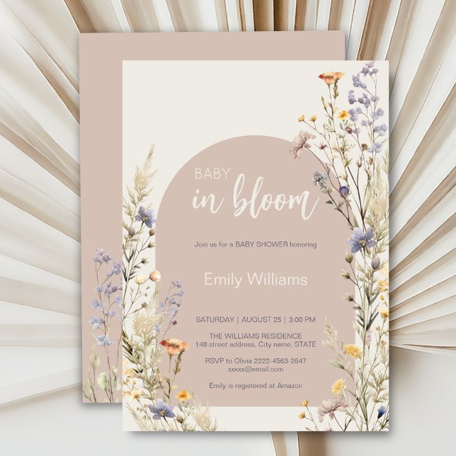 Wildflowers meadow elegant boho baby shower invitation (A little wildflower elegant rustic boho watercolor baby shower invitation, baby in bloom)