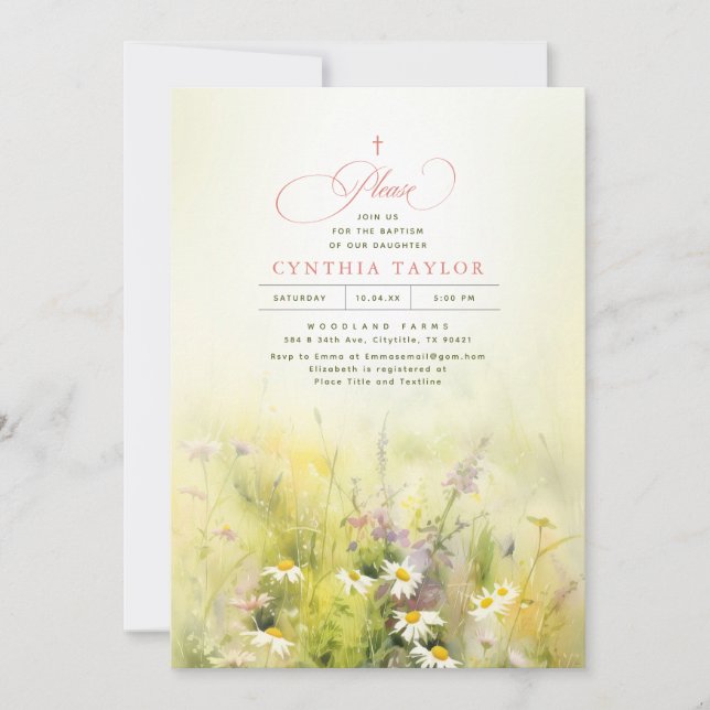 Wildflowers Meadow Elegant Summer Baptism Invitation (Front)